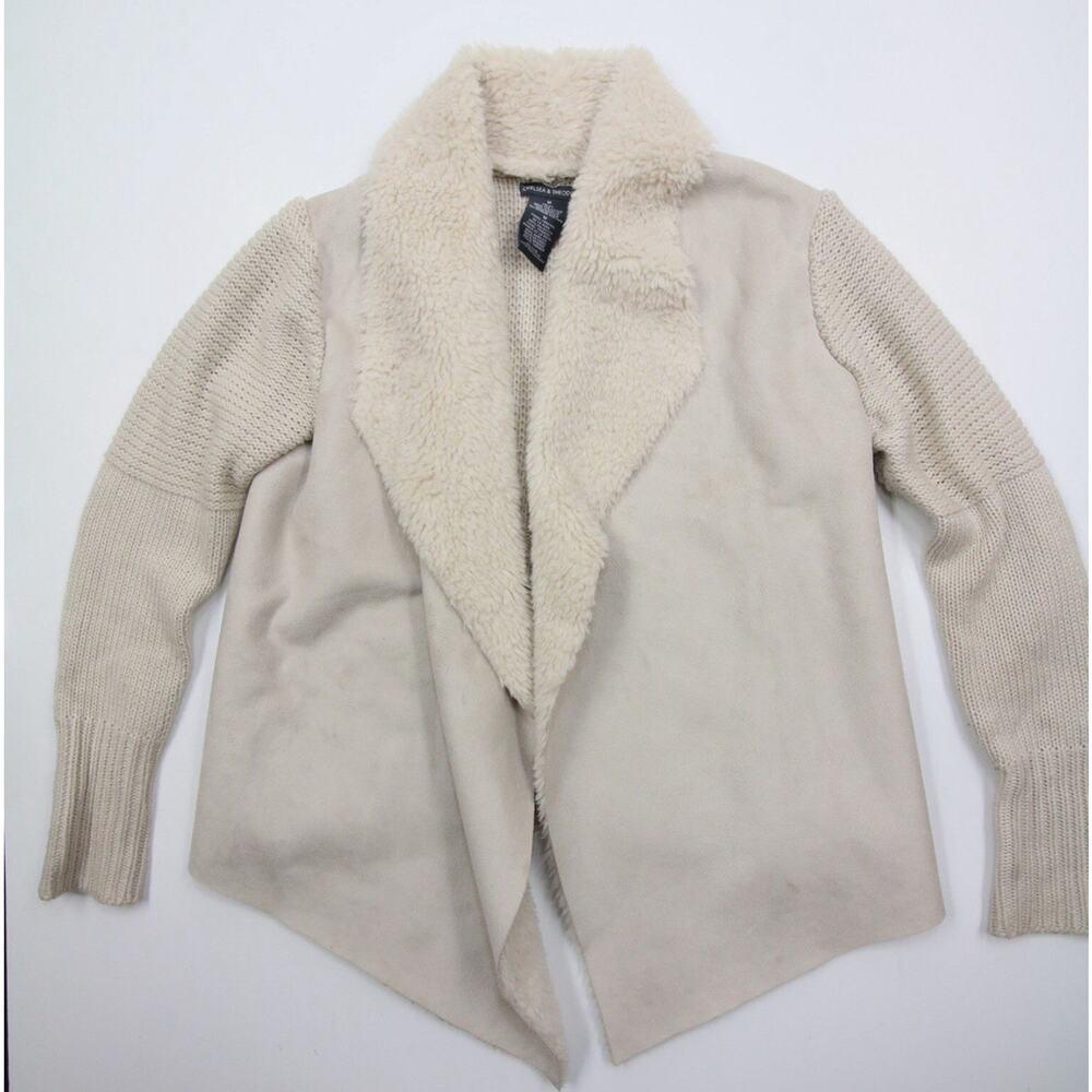 Chelsea & Theodore Women's Faux Suede Sherpa Cardigan Knit Sweater Ivory S HRC